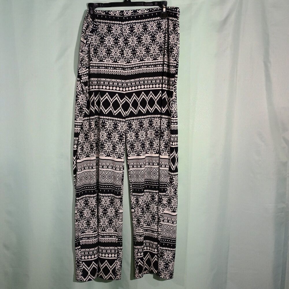 Women’s Boho Wide Leg Pants – Black White Tribal Print High Rise Flowy Trousers